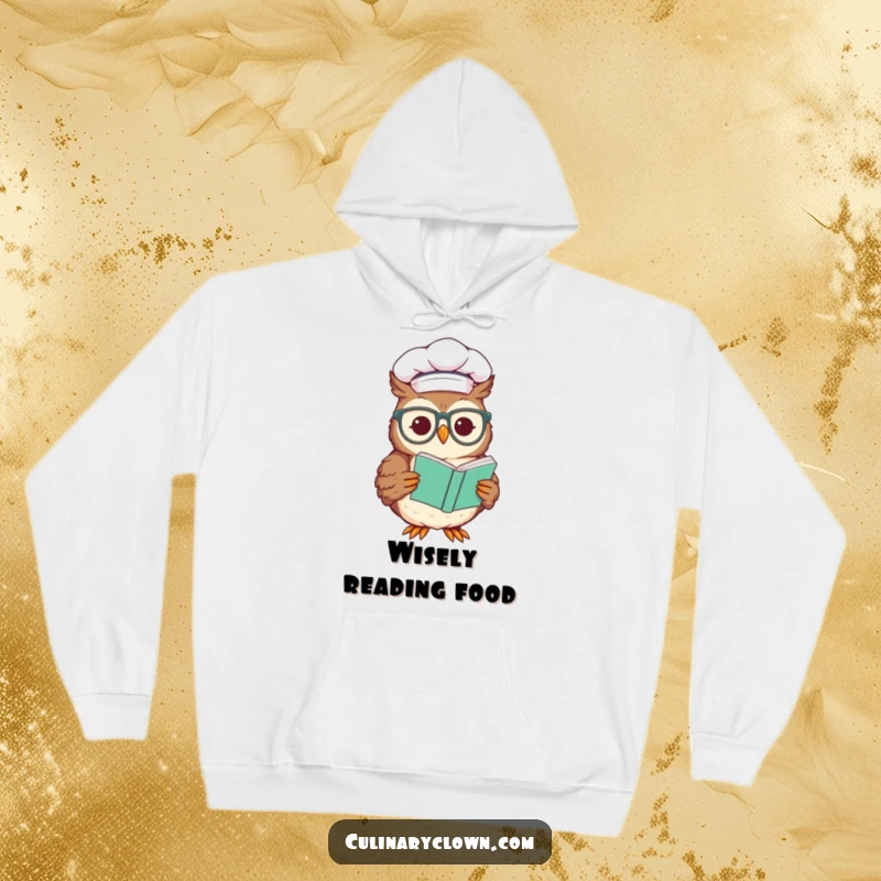 Funny hoodie featuring a wise chef owl wearing glasses and reading a recipe, offering warmth and humorous intellectual appeal.