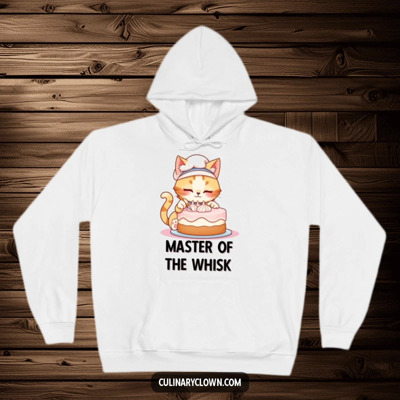 Funny hoodie showcasing a mischievous cat chef with focused eyes, adding delicate frosting swirls to a beautiful cake.