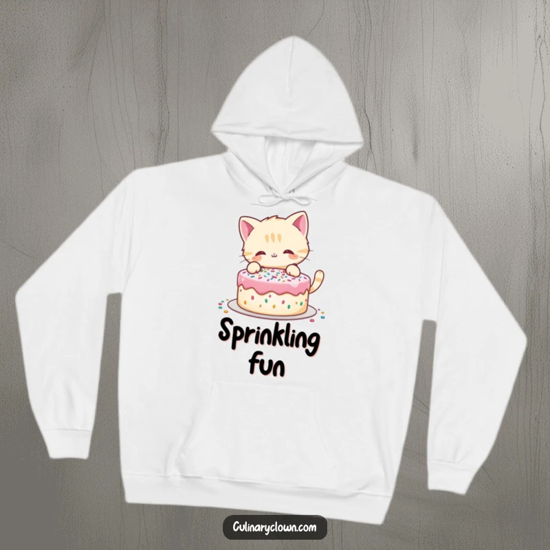 Funny hoodie with a playful cat character decorating a cake with sprinkles, perfect for cozy baking sessions.