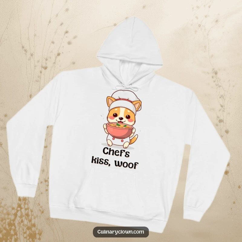 Funny Dog Chef Hoodie: A delightful dog in chef attire proudly presents a bowl of steaming soup, offering warmth and culinary cheer.