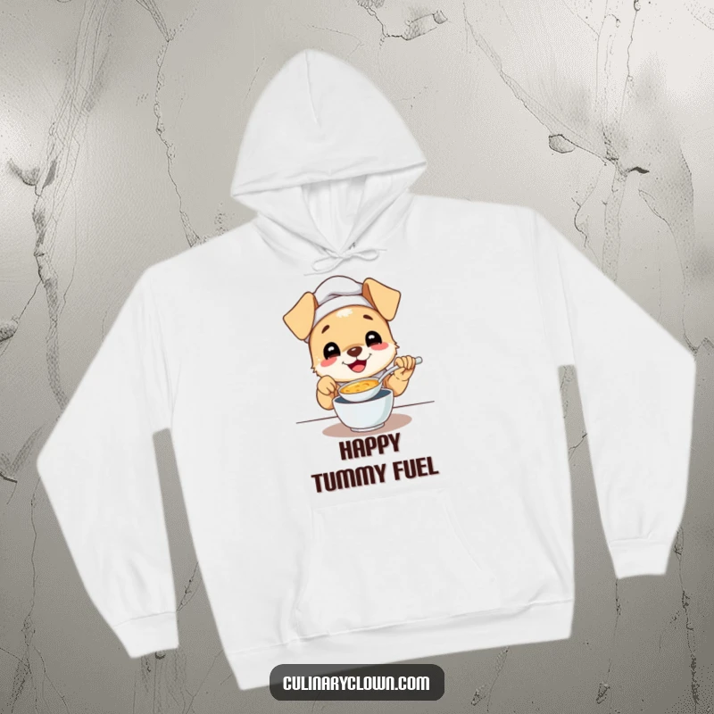 Funny hoodie showcasing a gleeful puppy chef joyfully tasting soup with a happy, contented expression.