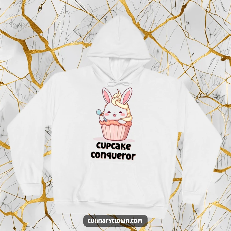 Funny kawaii bunny character frosting a large cupcake with glee, wearing a warm hoodie.
