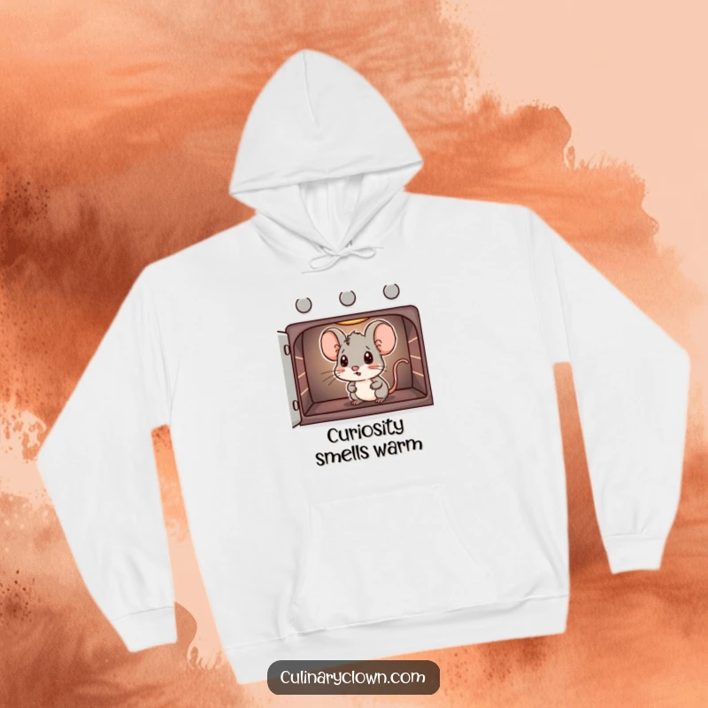 Funny hoodie with a mouse character curiously peering into an oven, symbolizing warmth and baking anticipation.