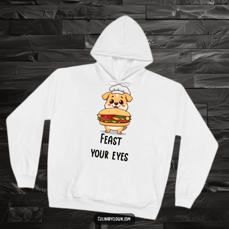 Funny Kawaii Dog Chef Hoodie: Cute dog chef proudly presenting a giant sandwich, embodying kitchen pride.