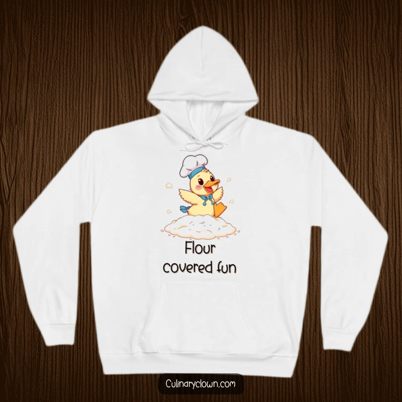 Funny Duck Chef Hoodie: A duck chef joyfully tumbling in a cloud of flour, cozy and fun.