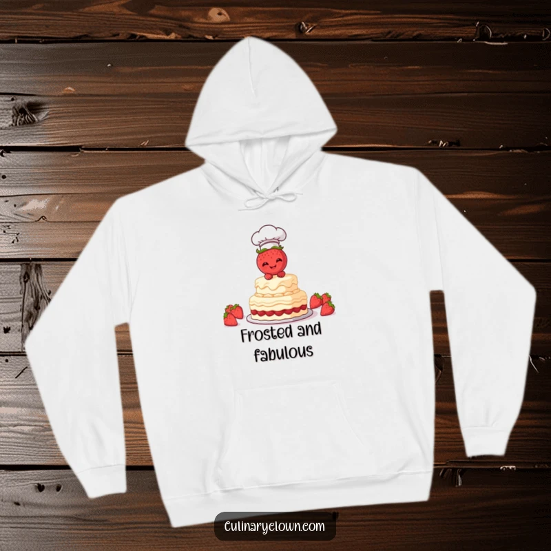 Funny Hoodie featuring a giggling strawberry chef character decorating a cake, offering warmth and baking-themed humor.
