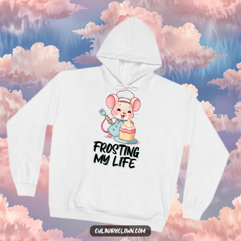 Funny Kawaii Mouse Chef Hoodie: Cute mouse chef decorating a tiny cake, embodying sweet kitchen artistry.