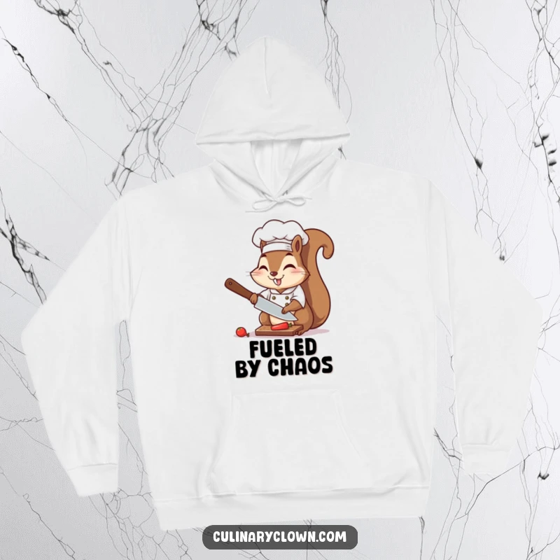 Funny chef squirrel engaged in fast chopping motion, depicted on a warm and humorous hoodie.
