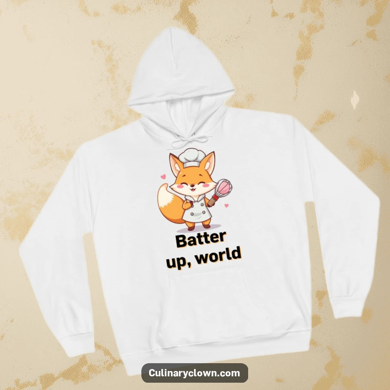 Funny fox chef character energetically whisking pink batter, printed on a cozy hoodie.