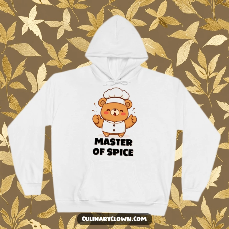 Funny kawaii bear chef triumphantly sprinkling seasoning on a warm, comfortable hoodie, perfect for cozy cooking sessions.
