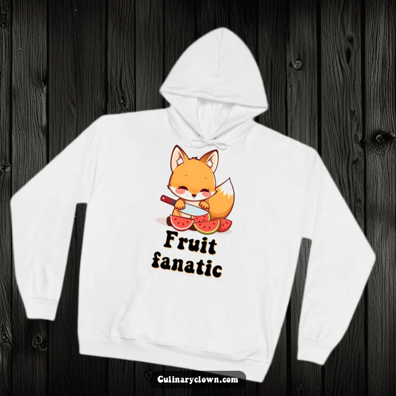 Funny kawaii fox character carefully slicing a vibrant fruit, wearing a cozy hoodie.