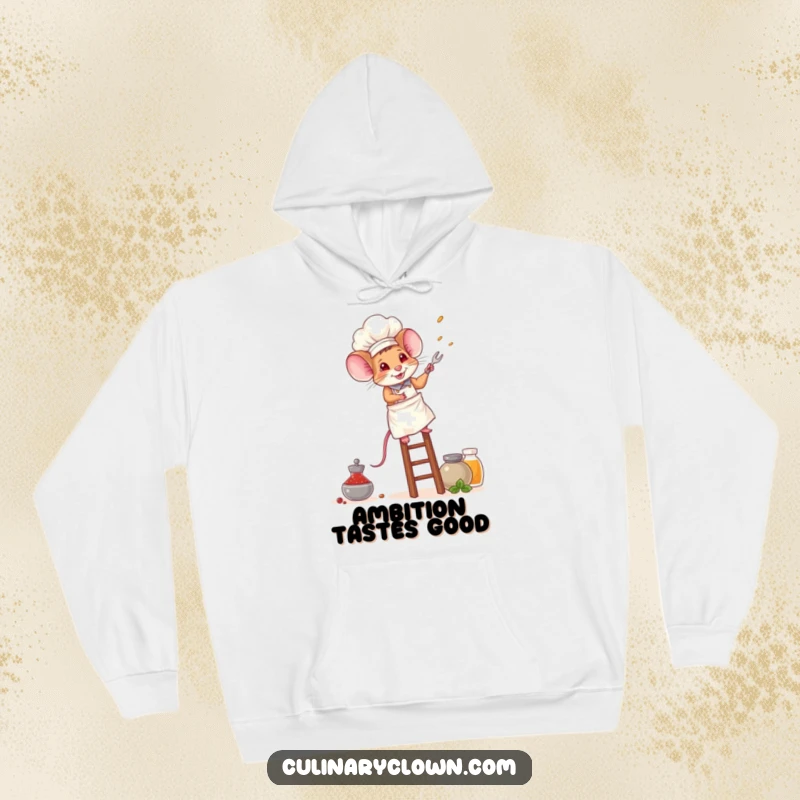 Funny mouse chef hoodie design featuring a brave mouse in a chef's hat, skillfully climbing a ladder to reach spice jars.