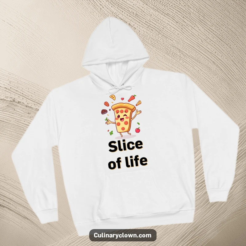 Funny Hoodie featuring a cheerful pizza slice character juggling ingredients with joy, offering warmth and a slice of culinary humor.