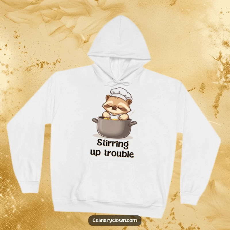 Funny sloth chef hoodie design featuring a sleepy sloth in a chef's hat, slowly stirring a large pot, embodying ultimate relaxation.