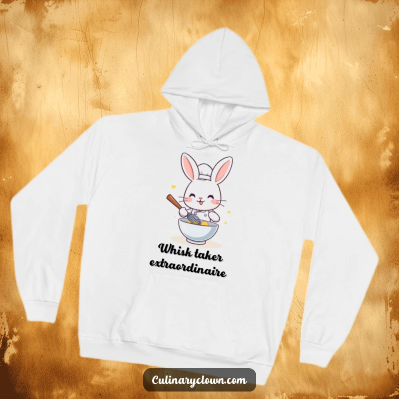 Funny Kawaii Rabbit Chef Hoodie: Soft and cozy sweatshirt featuring a cute cartoon rabbit chef enthusiastically whisking ingredients, perfect for chilly days.