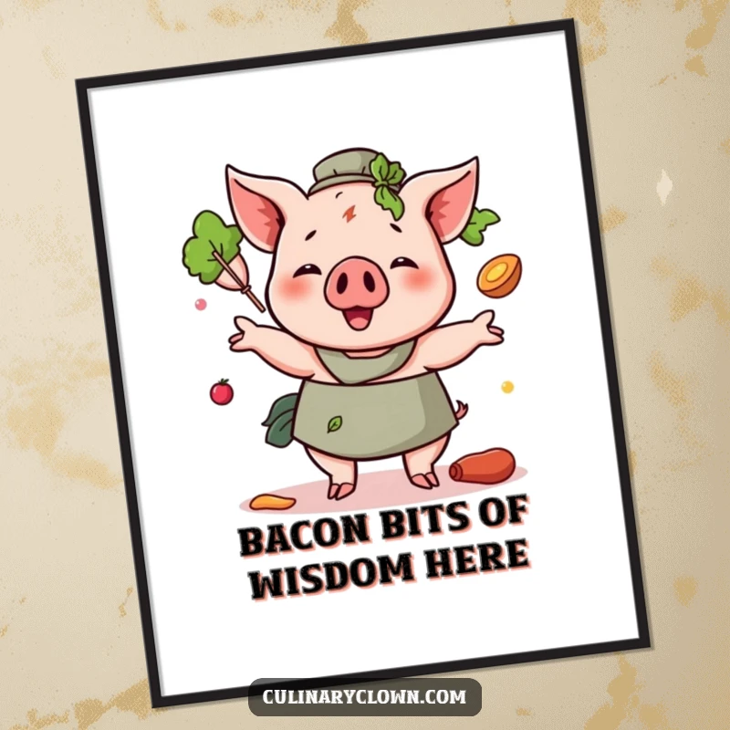 Funny Free Printable Wall Art depicting a cheerful pig chef in mid-air, juggling various cooking ingredients with a smile.