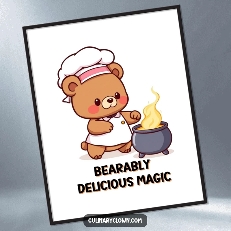 Funny Free Printable Wall Art: Cute bear chef wearing a chef hat, stirring a bubbling cauldron, creating whimsical and magical decor.