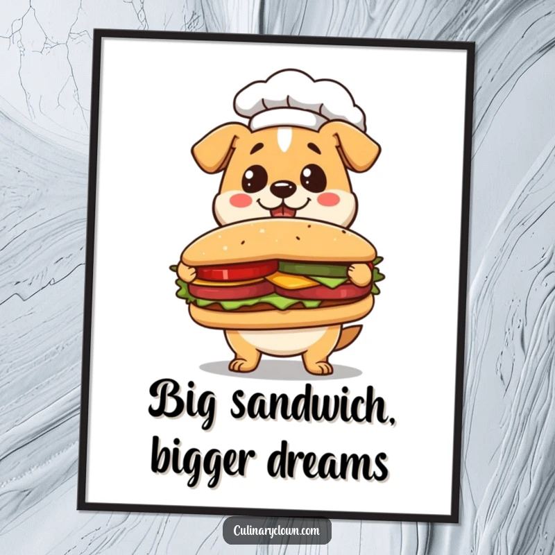 Funny Free Printable Wall Art: Kawaii dog chef proudly showing off a massive sandwich, ideal fun kitchen art.