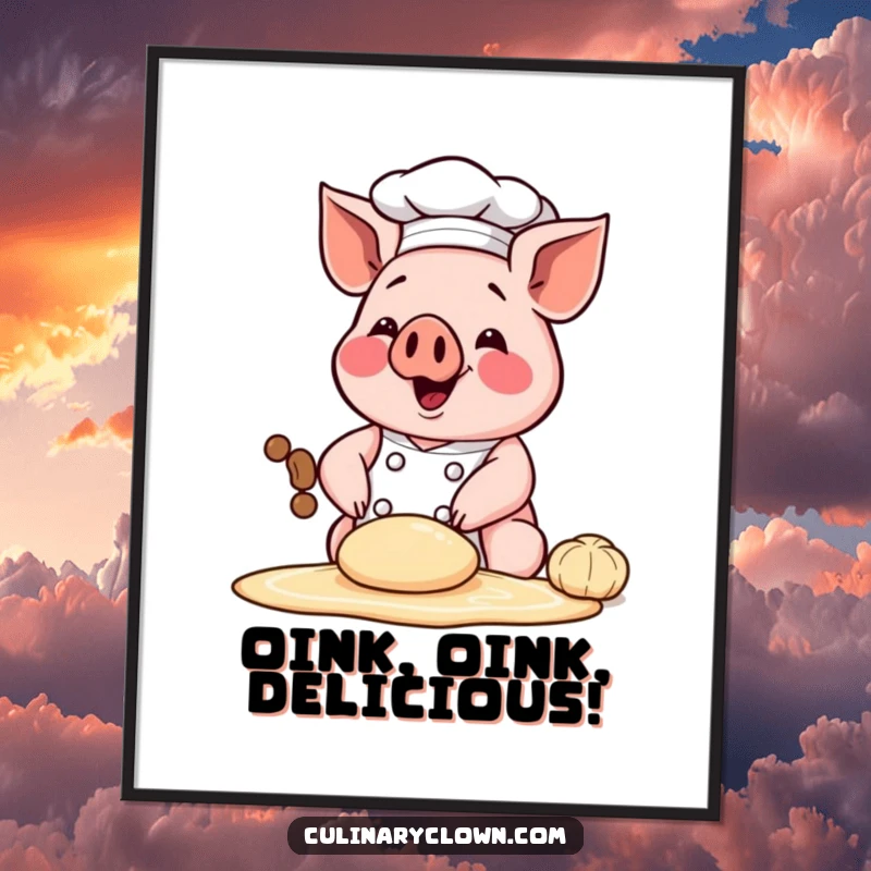 Funny free printable wall art of a happy chef pig character kneading dough, adding a whimsical and charming touch to decor.
