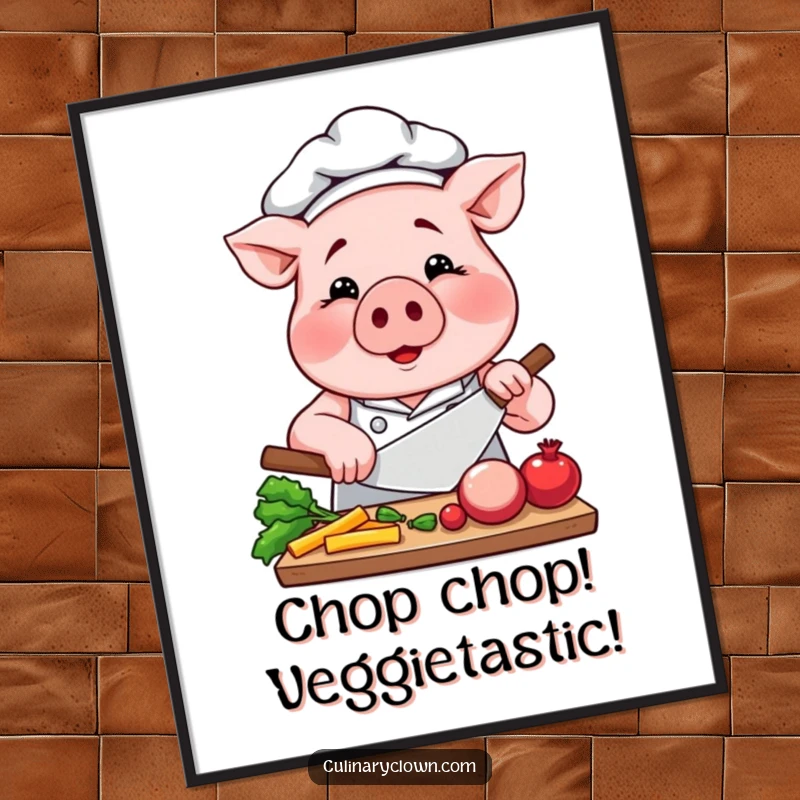 Funny Free Printable Wall Art: A smiling pig chef is intensely focused on chopping vegetables for a culinary masterpiece.