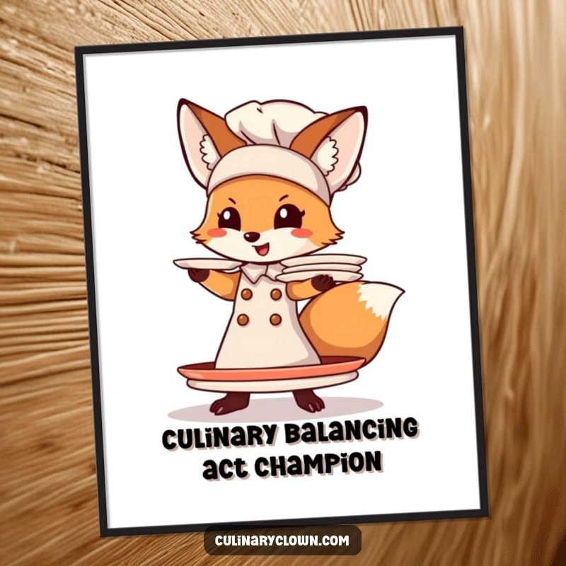 Funny Free Printable Wall Art: A clumsy fox chef trying to balance an absurd stack of plates.