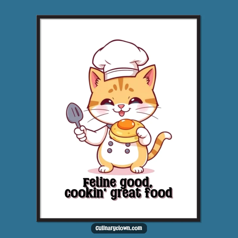 Free Printable Wall Art: Funny Cat Chef Flambéing Pancakes for Kitchen Downloadable