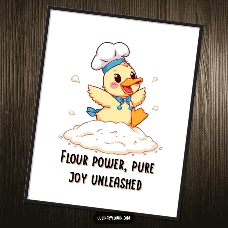 Funny Free Printable Wall Art: Joyful duck chef tumbling in a huge pile of flour, perfect kitchen decor.