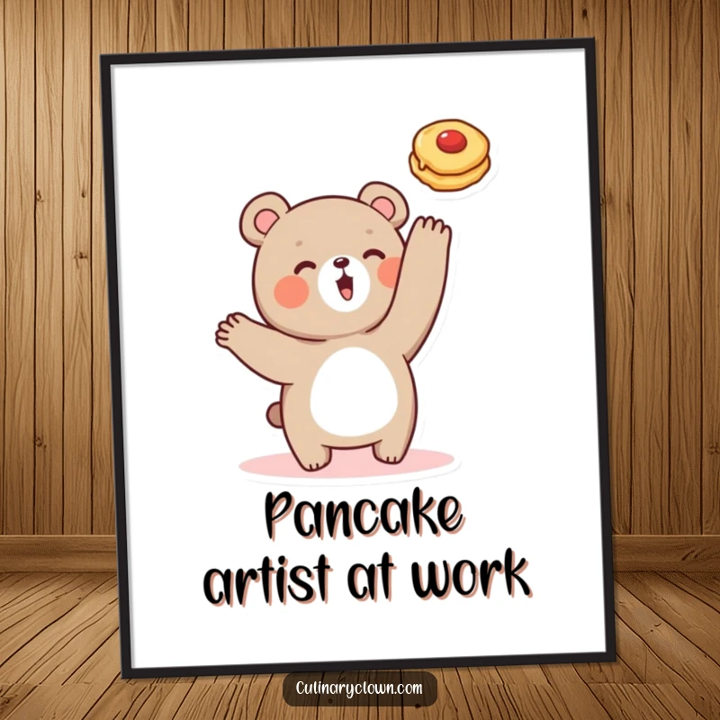 Funny Free Printable Wall Art: Adorable bear character gleefully flips a pancake mid-air, perfect for a quirky kitchen.