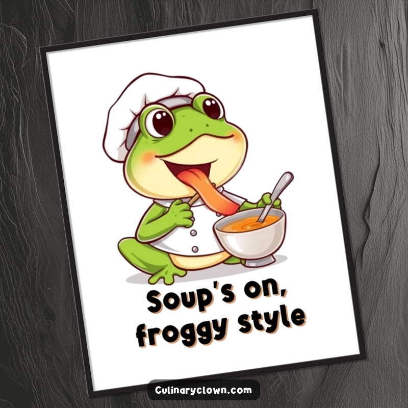 Funny free printable wall art of a joyful frog chef enthusiastically tasting soup, bringing a vibrant and humorous culinary theme home.