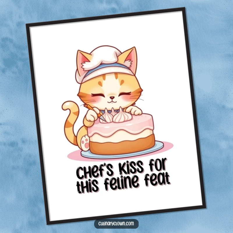 Funny Free Printable Wall Art: Mischievous cat chef artfully decorating a cake with tiny frosting swirls.