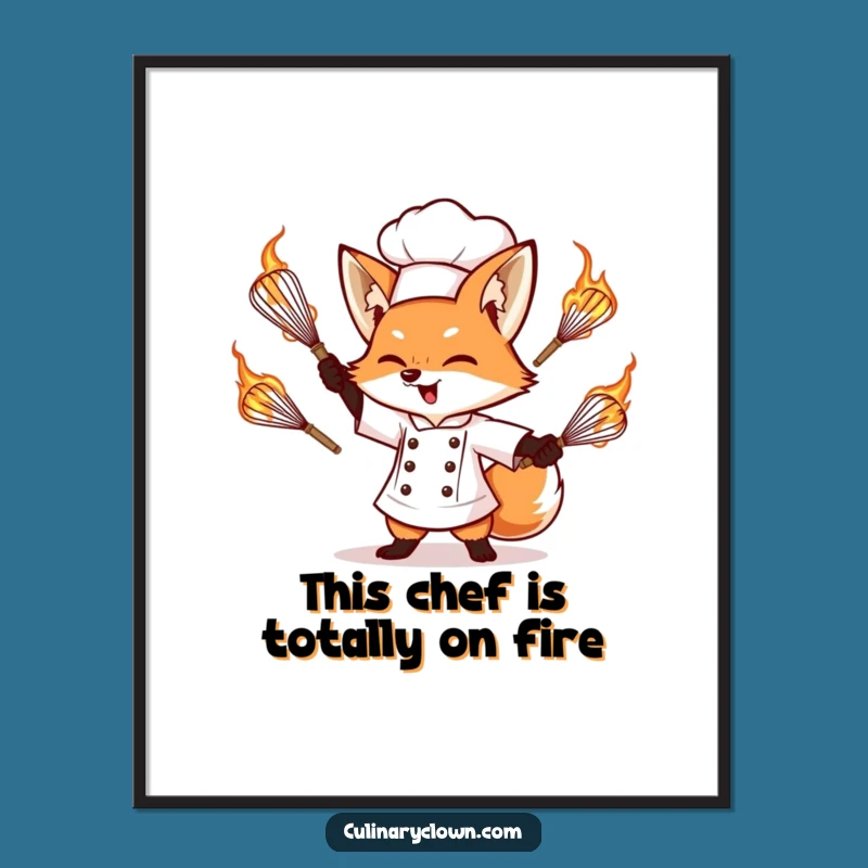 Free Printable Funny Fox Chef Wall Art: Juggling Flaming Whisks, Downloadable Decor