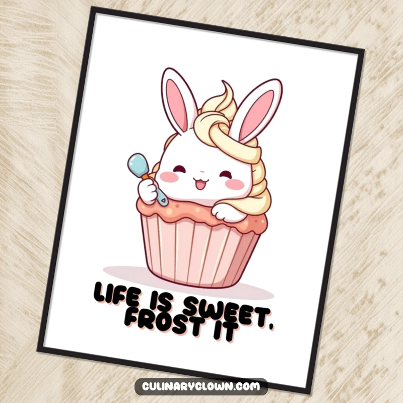 Funny Free Printable Wall Art: a cute kawaii bunny happily frosting a giant cupcake, whimsical downloadable decor.