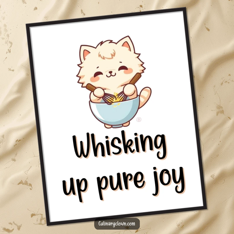 Humorous Free Printable Wall Art: a fluffy kawaii cat gleefully whisking batter with a bowl, cute downloadable decor.