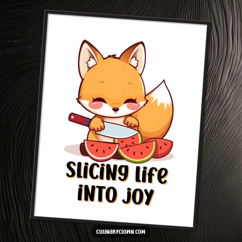 Humorous Free Printable Wall Art: a sweet kawaii fox carefully slicing a vibrant fruit, cute downloadable decor.
