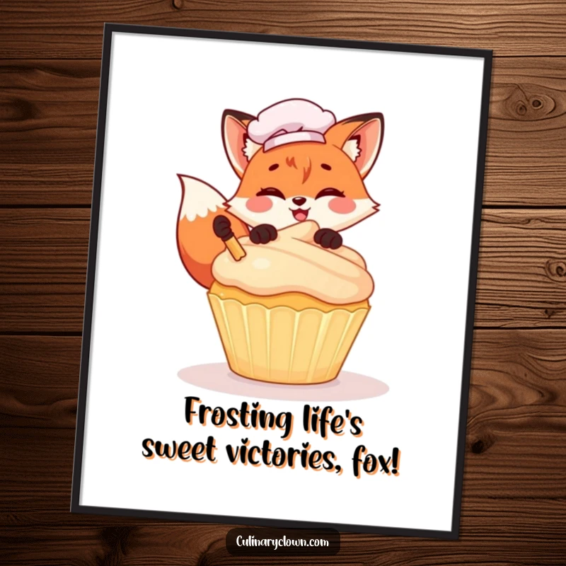 Funny Free Printable Wall Art: Kawaii fox chef gleefully decorates a giant cupcake, bringing sweet charm to your walls.