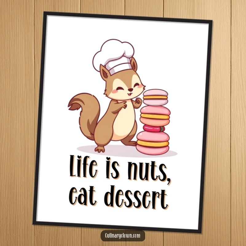 Funny Free Printable Wall Art: A kawaii squirrel chef precariously balances a tall, colorful stack of macarons, looking pleased.