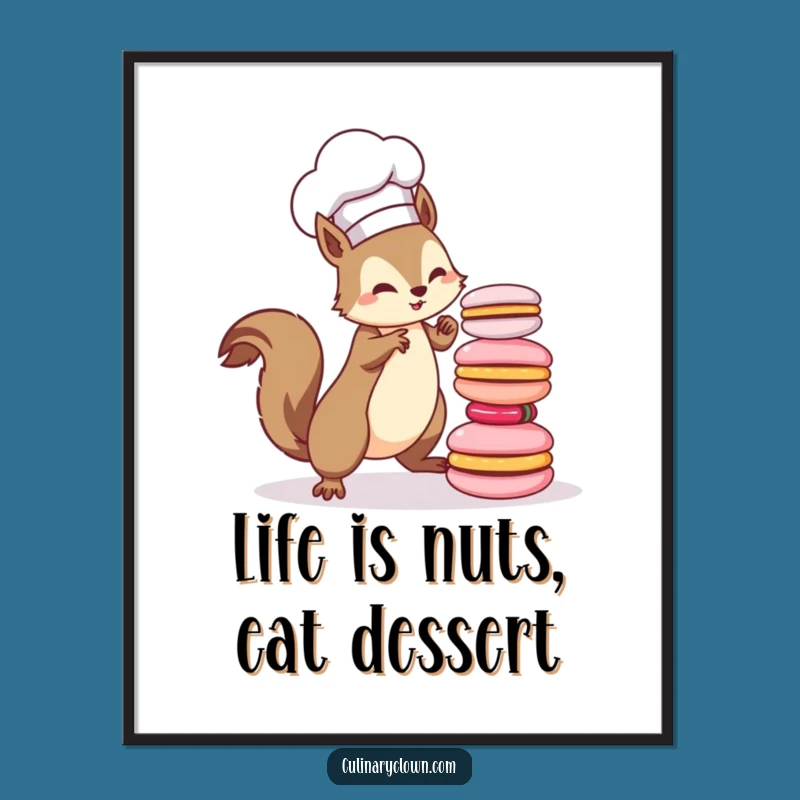 Free Printable Kawaii Squirrel Chef Wall Art - Funny Macaron Tower Decor Downloadable