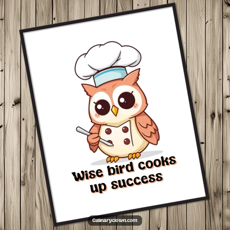 Funny Free Printable Wall Art: Kawaii owl chef in a tall hat, intently studying a recipe, ideal kitchen decor.