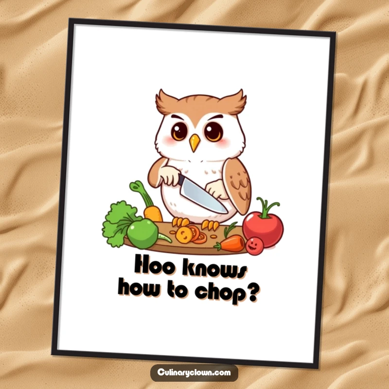 Funny Free Printable Wall Art: A happy owl with glasses precisely chops vegetables, adding a quirky touch to kitchen decor.