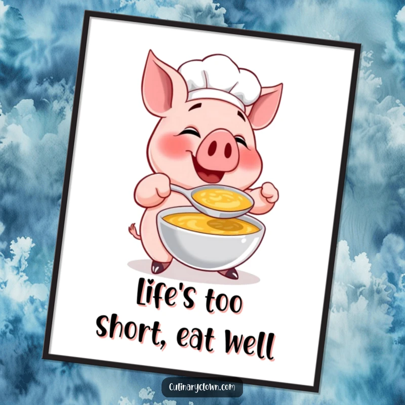 Funny Free Printable Wall Art: A proud pig chef character gleefully tastes a giant spoonful of soup with pure delight.