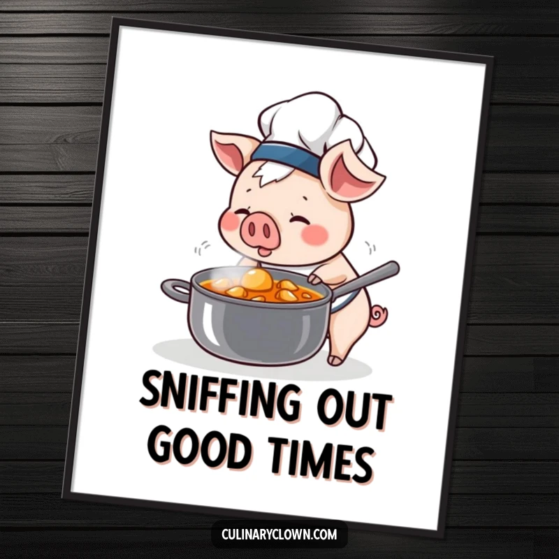 Funny Free Printable Wall Art: Kawaii pig chef curiously sniffing a steaming pot of stew, ideal kitchen ambiance.