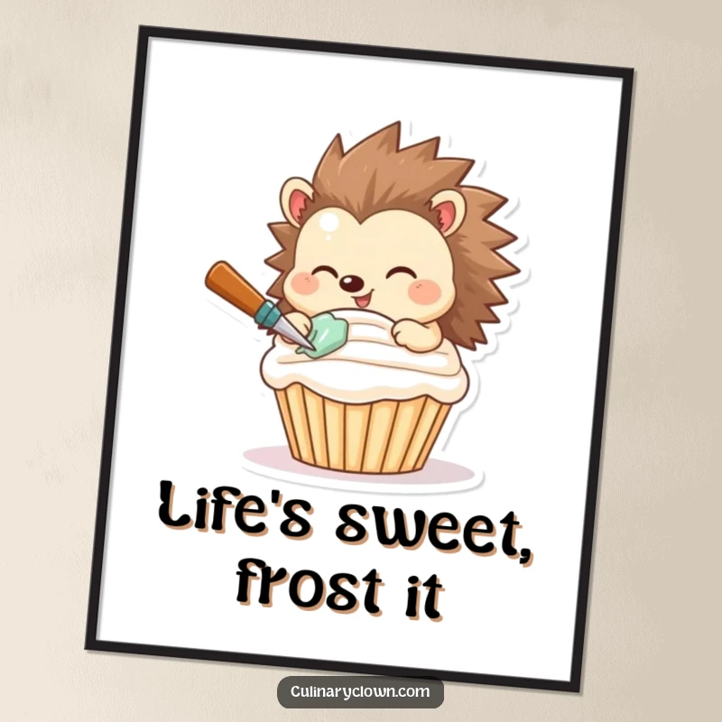 Funny Free Printable Wall Art: Smiling hedgehog character focused on expertly frosting a delicious-looking cupcake.