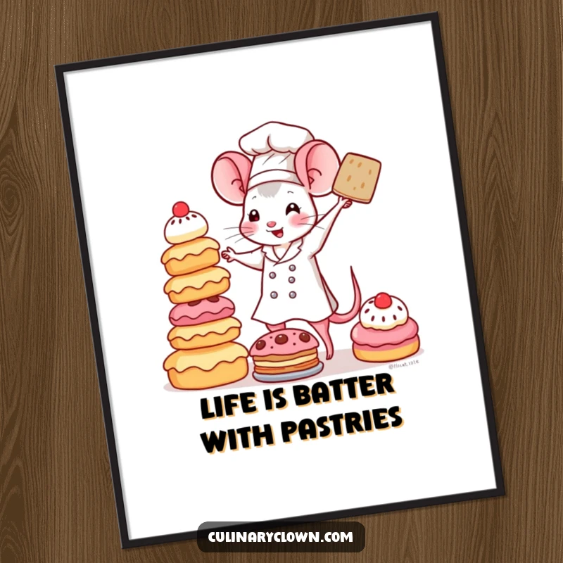 Funny Free Printable Wall Art: A kawaii mouse chef comically attempts to stack a towering pyramid of delicious pastries, full of sweet ambition.