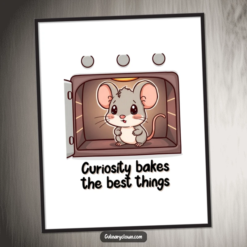 Funny Free Printable Wall Art: Curious mouse character with wide eyes peeking into a warm oven, full of anticipation.