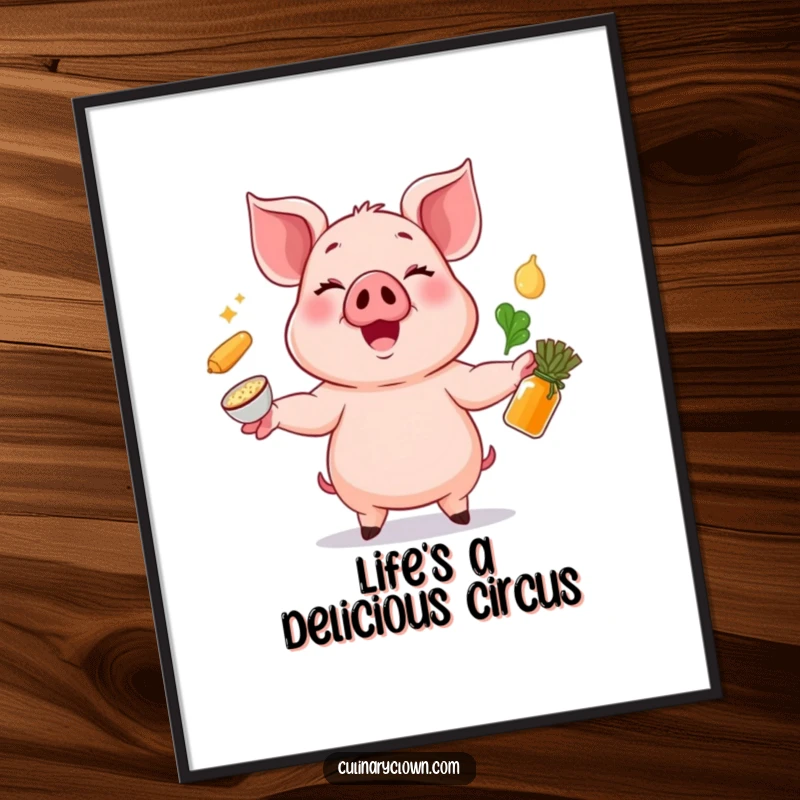 Funny Free Printable Wall Art: Cheerful pig character skillfully juggling various ingredients, creating a comical kitchen scene.