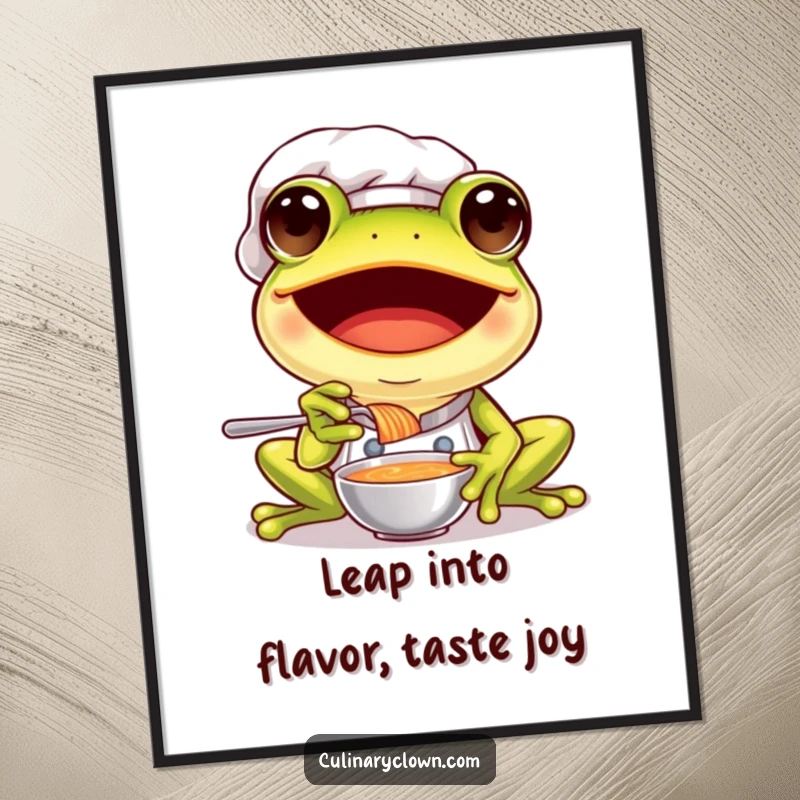 Funny Free Printable Wall Art: A very happy frog chef with wide eyes excitedly tasting a spoonful of soup.