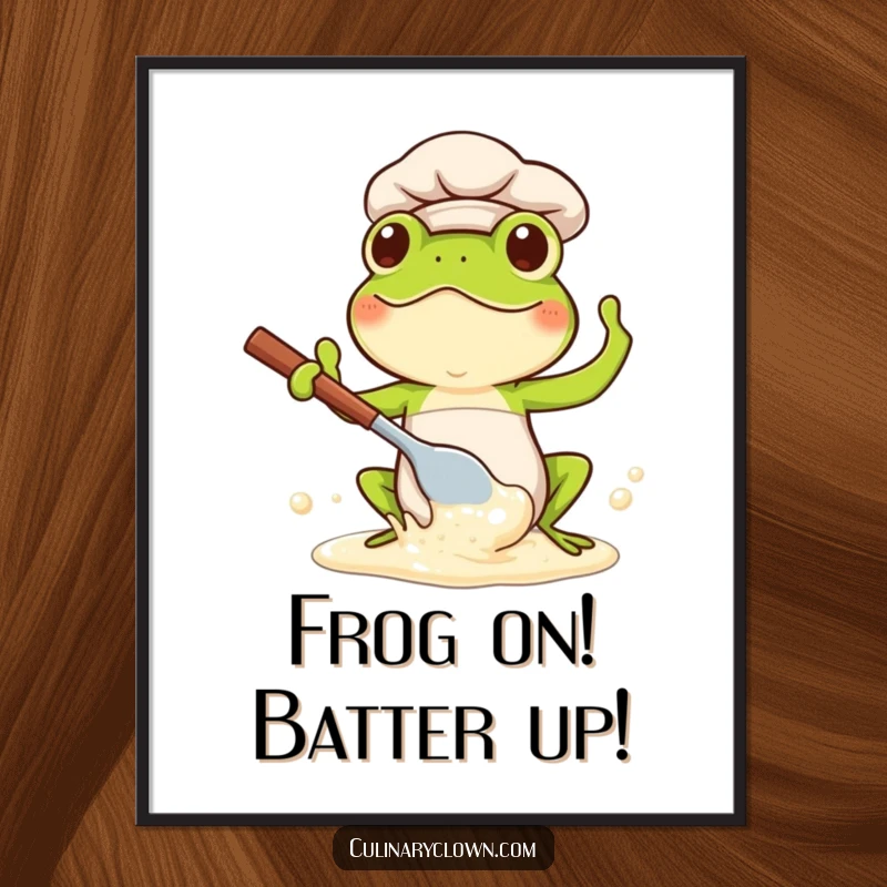 Funny Free Printable Wall Art: Kawaii frog chef joyfully splashing batter with a large spoon, perfect for kitchen decor.