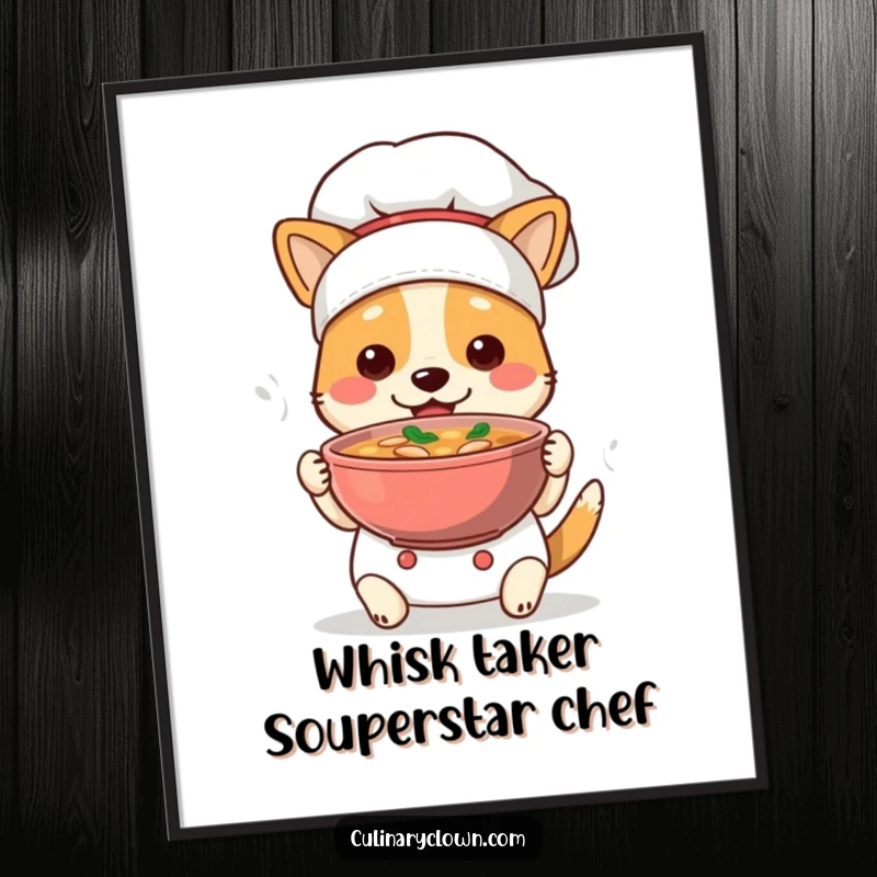 Funny Free Printable Wall Art: A cute dog chef proudly presents a steaming bowl of soup, perfect for kitchen decor.