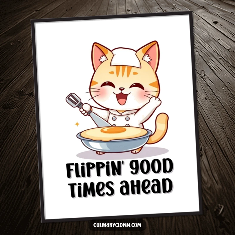 Funny Free Printable Wall Art: Smiling cat chef enthusiastically attempting to flip a giant pancake, adding playful energy to decor.
