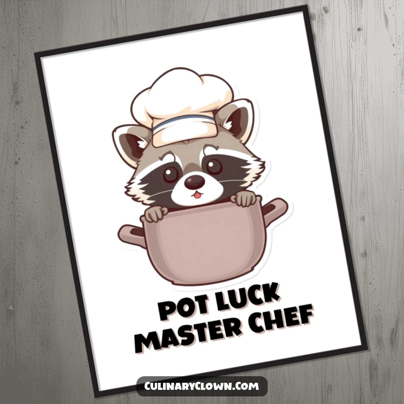 Funny Free Printable Wall Art: A mischievous chef raccoon peeking playfully from behind a cooking pot, adding humor to any room.